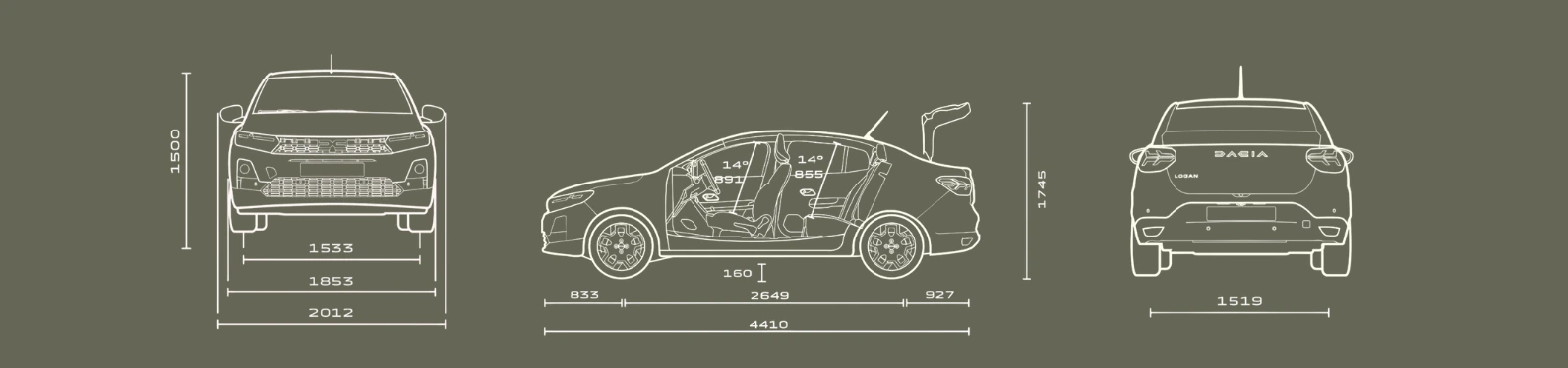 dimensões traseiras, frontais e laterais Dacia Logan