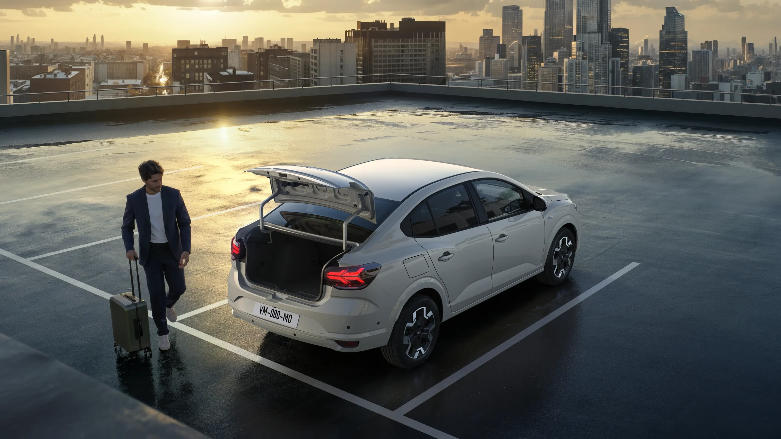 Dacia Logan facelift visto de trás com a mala aberta e condutor ao lado com mala de viagem