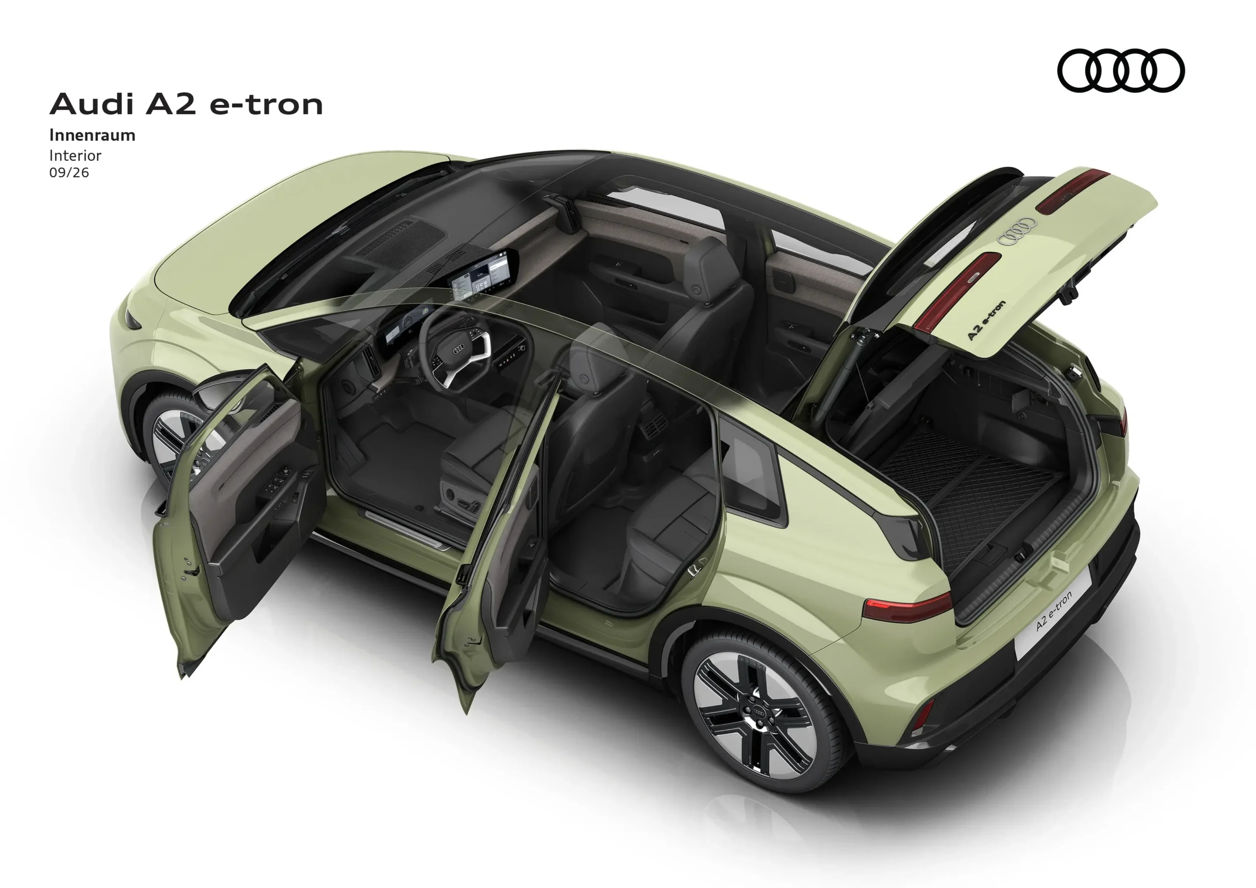 Vista aérea Audi A2 e-tron com portas e bagageira abertas