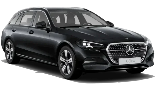 Carrinha Mercedes-Benz Classe C Station preta, vista dianteira lateral em fundo branco