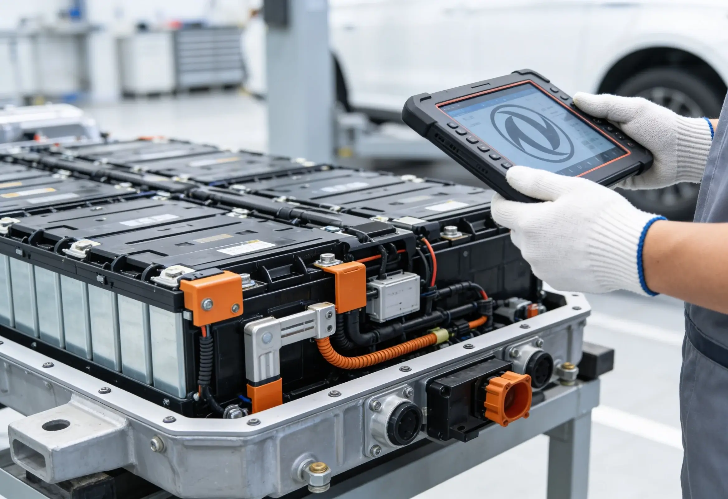 Técnico de oficina a analisar bateria de carro elétrico