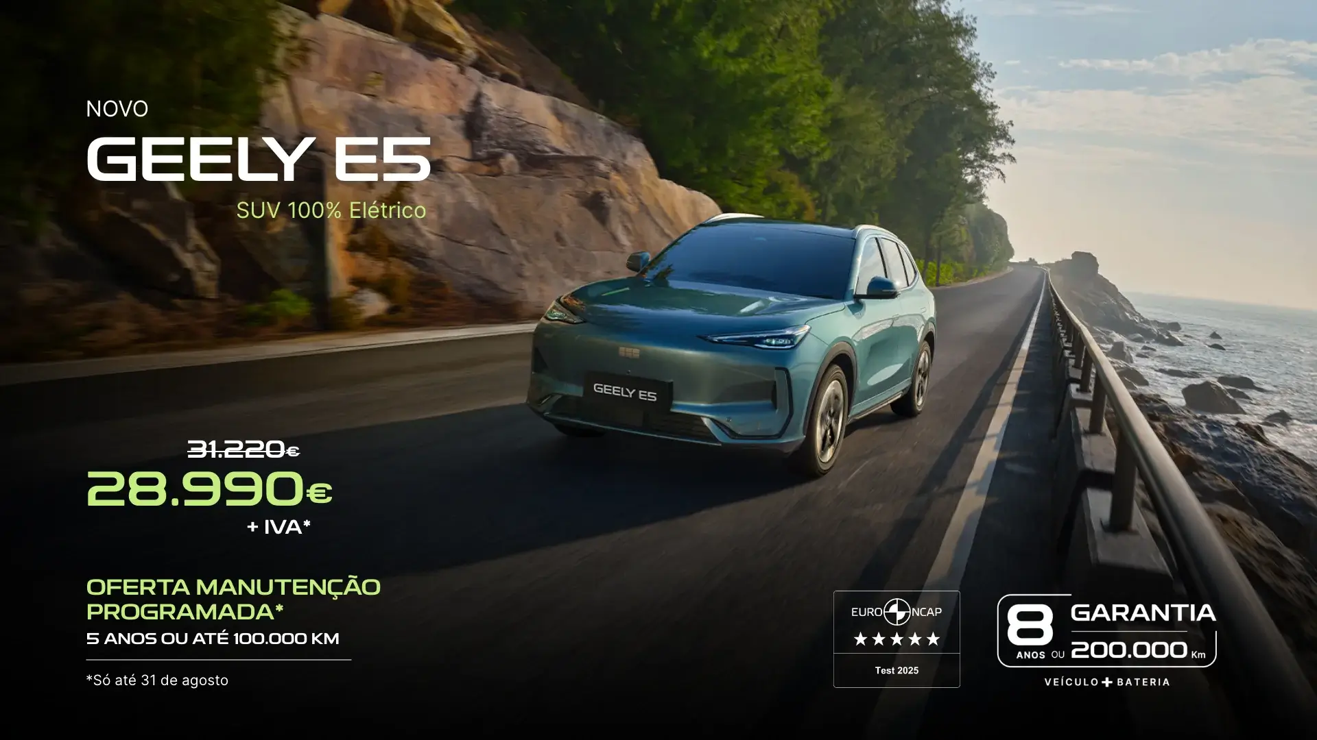 Condições da campanha promocional Geely E5. Válida até 31 de agosto