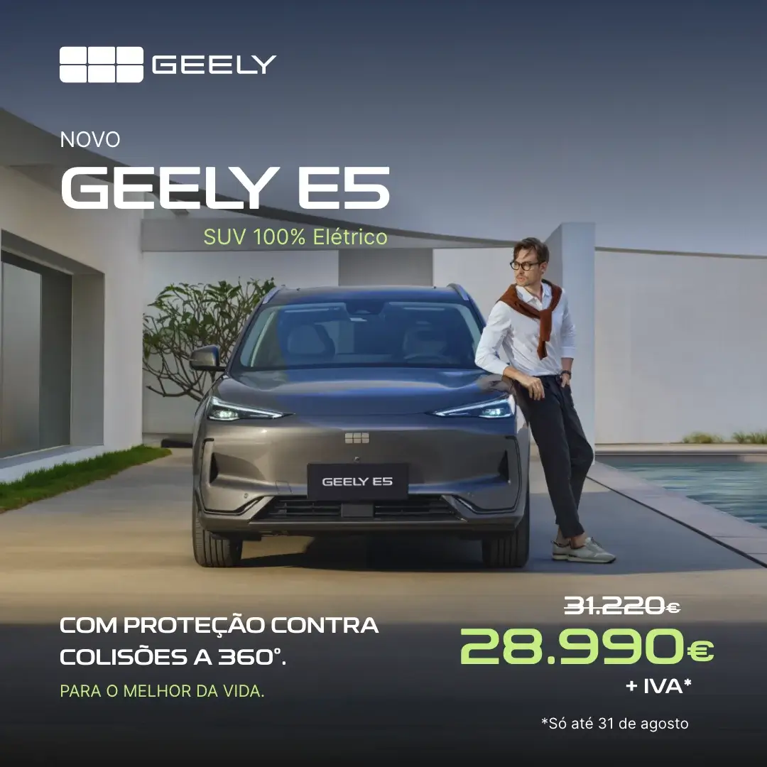 Condições da campanha promocional Geely E5. Válida até 31 de agosto