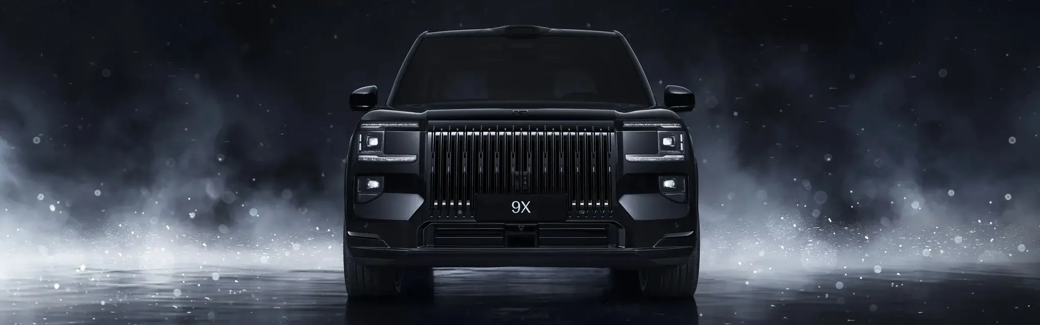 Frente do Zeekr 9X com grelha vertical iluminada, SUV de luxo híbrido plug-in em fundo escuro