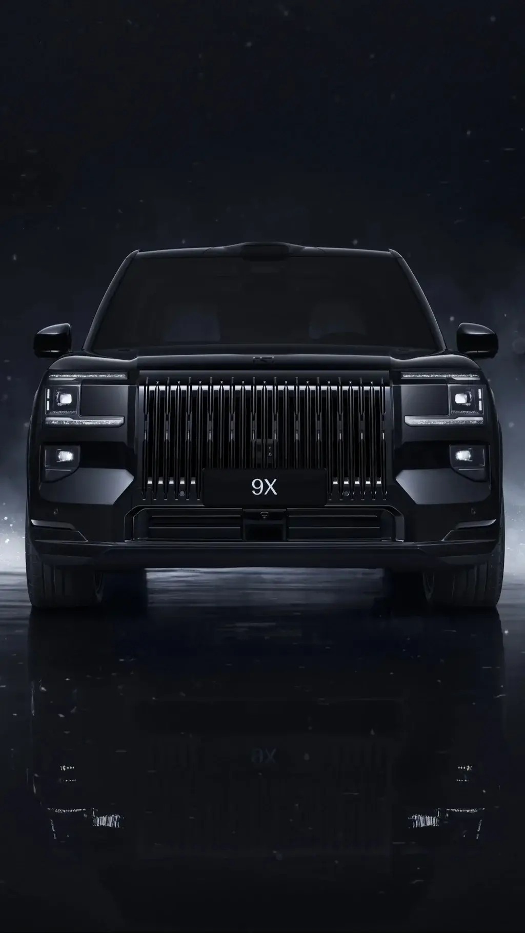 Frente do Zeekr 9X com grelha vertical iluminada, SUV de luxo híbrido plug-in em fundo escuro
