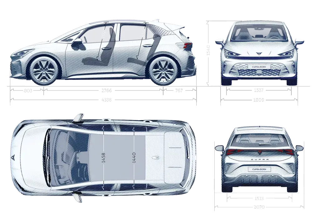 Ilustração das dimensões completas do CUPRA Born
