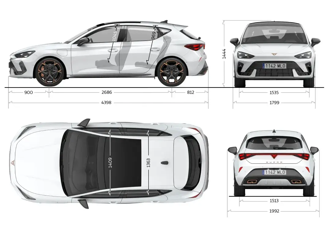 Ilustração das dimensões completas do CUPRA Leon