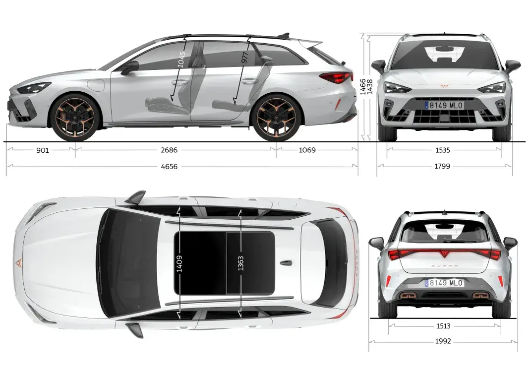 Ilustração das dimensões completas do CUPRA Leon Sportstourer