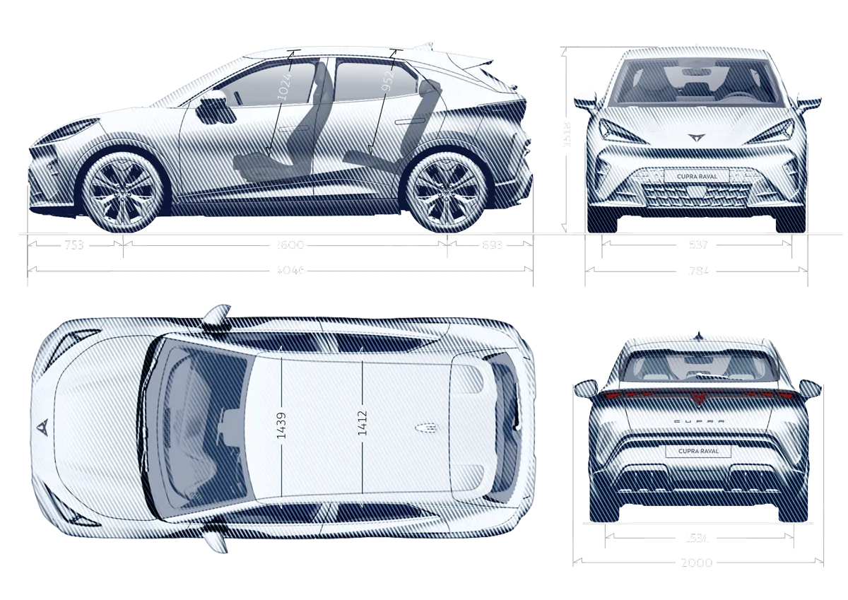Ilustração das dimensões completas do CUPRA Raval